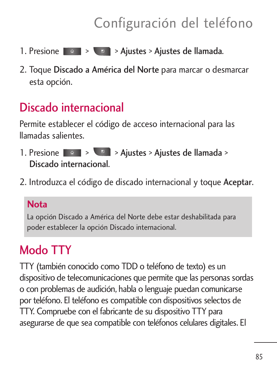 Configuración del teléfono, Discado internacional, Modo tty | LG LGL45C User Manual | Page 343 / 546