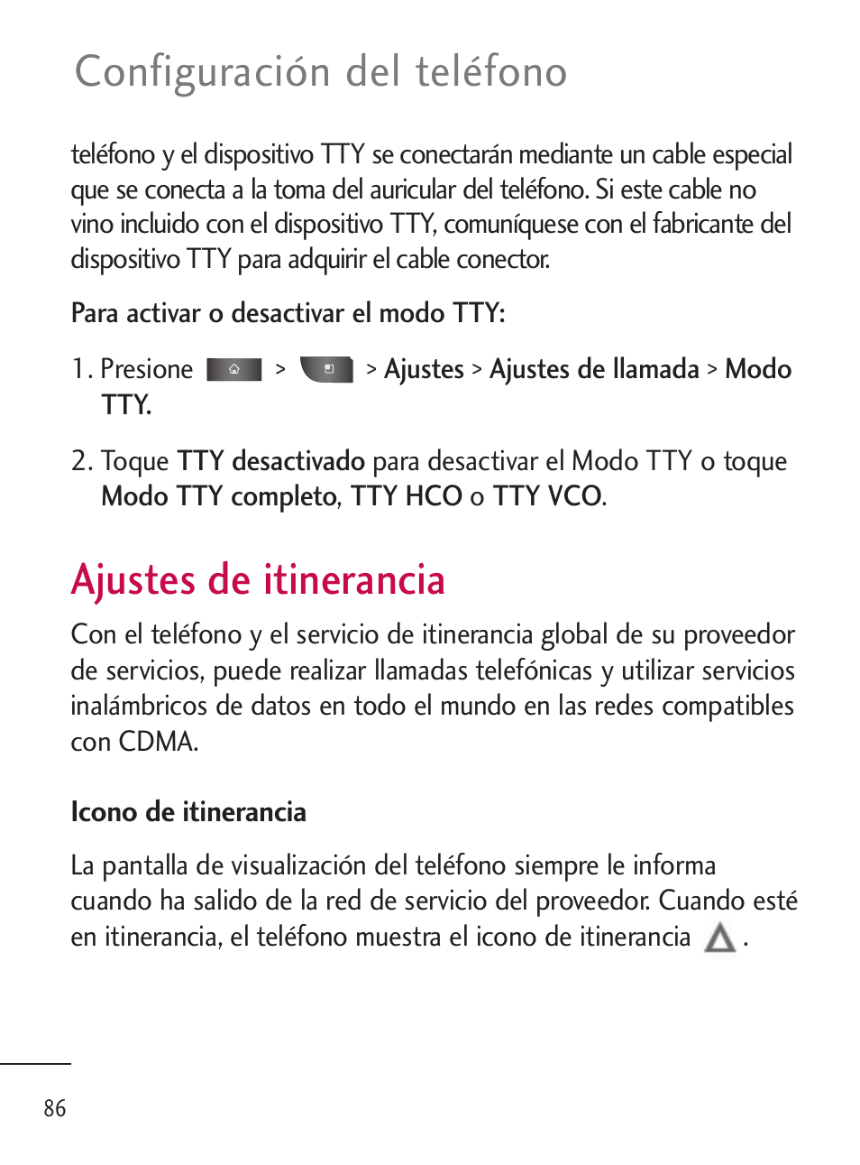 Ajustes de itinerancia, Configuración del teléfono | LG LGL45C User Manual | Page 344 / 546