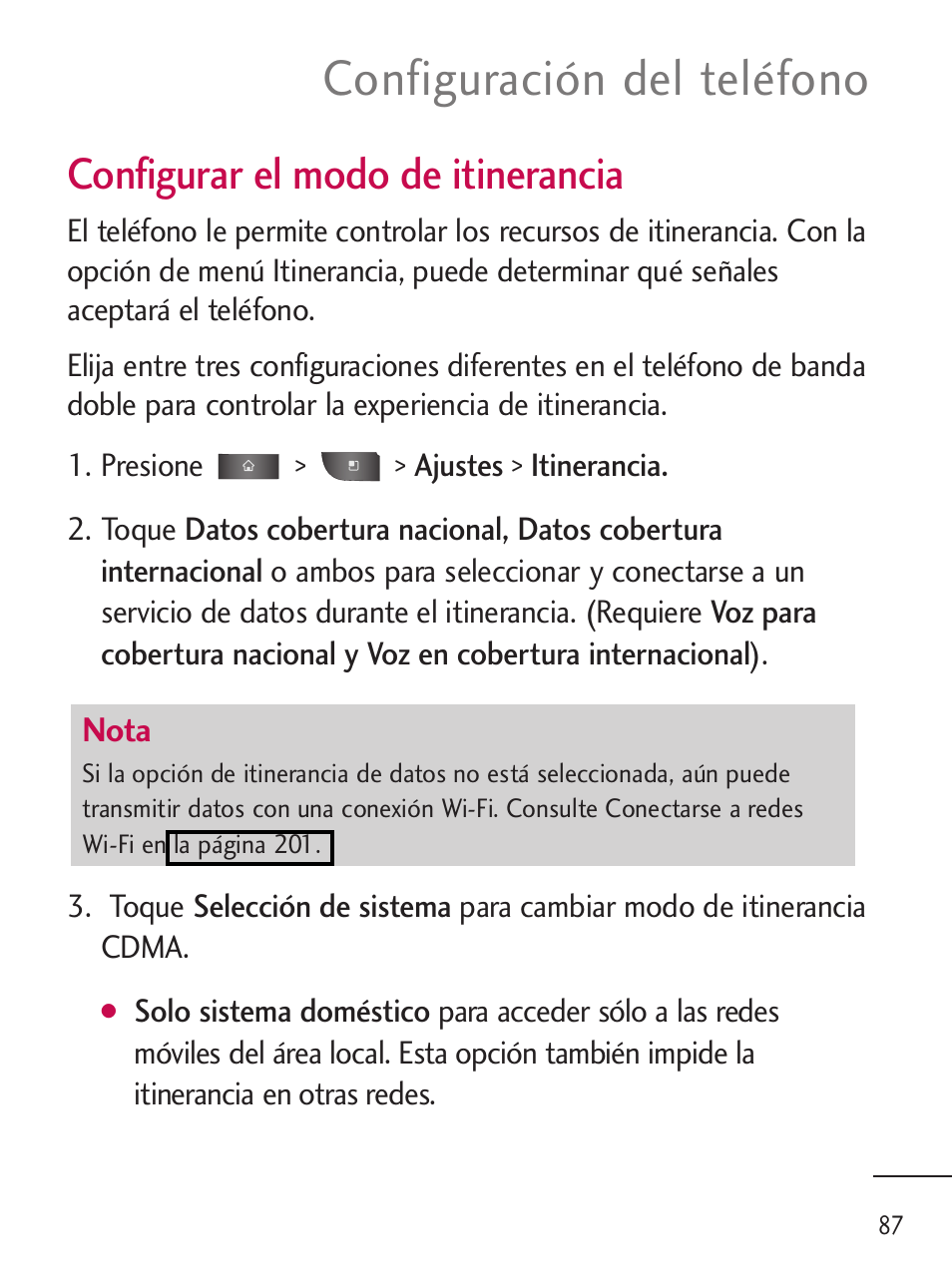 Configuración del teléfono, Configurar el modo de itinerancia | LG LGL45C User Manual | Page 345 / 546