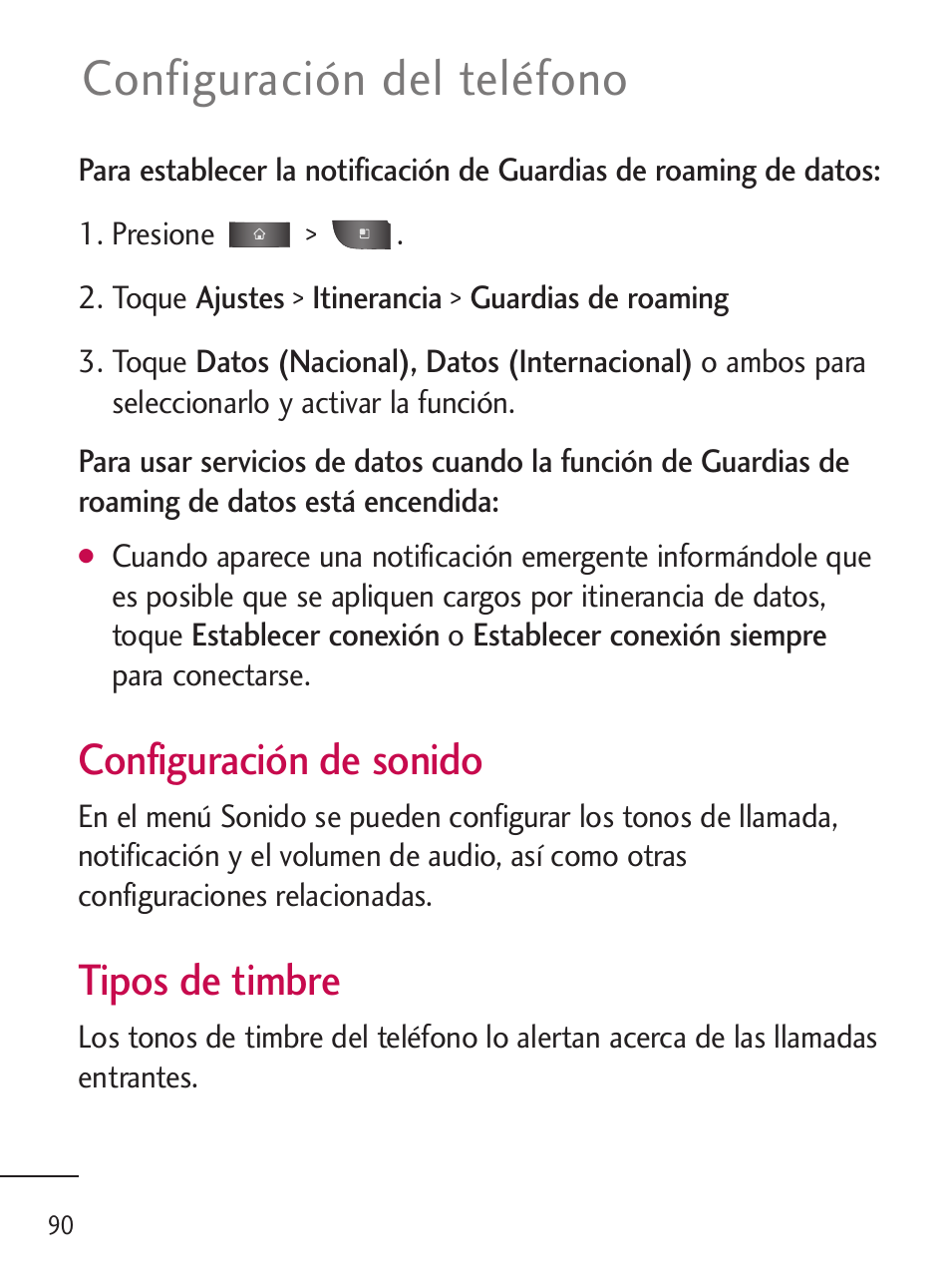 Configuración del teléfono, Configuración de sonido, Tipos de timbre | LG LGL45C User Manual | Page 348 / 546