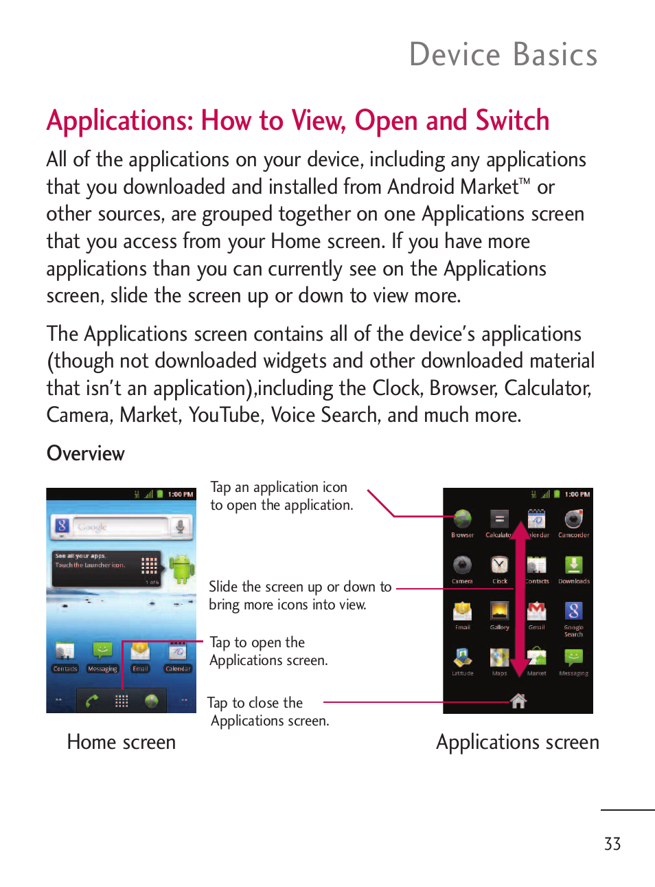 Device basics, Applications: how to view, open and switch | LG LGL45C User Manual | Page 35 / 546