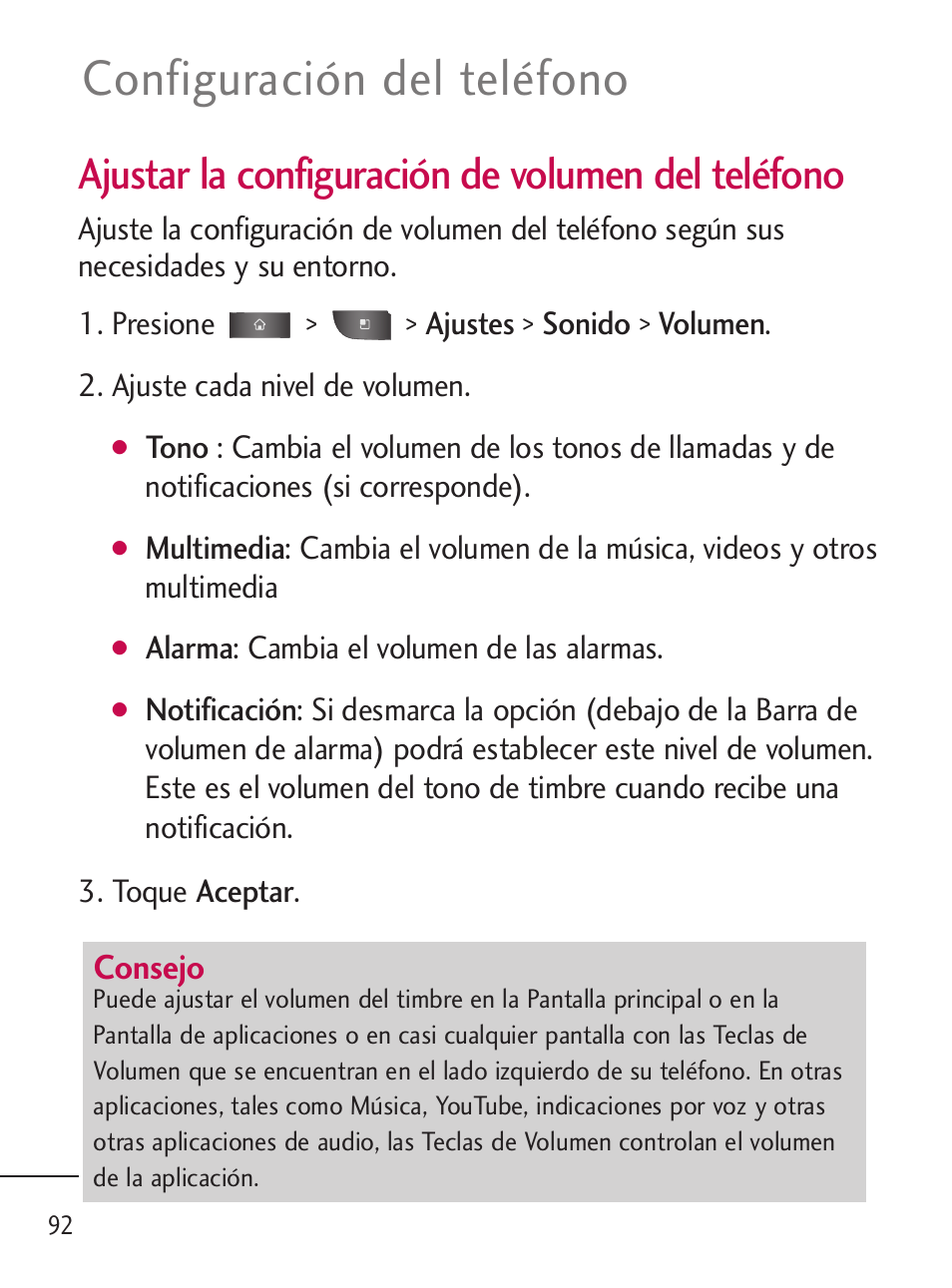 Configuración del teléfono, Ajustar la configuración de volumen del teléfono | LG LGL45C User Manual | Page 350 / 546