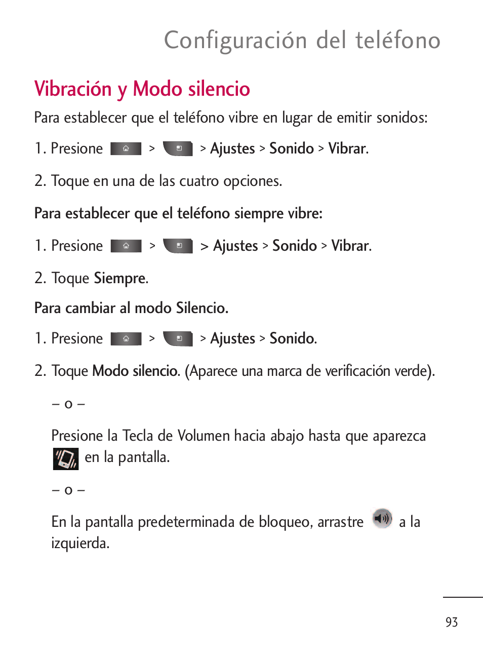 Configuración del teléfono, Vibración y modo silencio | LG LGL45C User Manual | Page 351 / 546