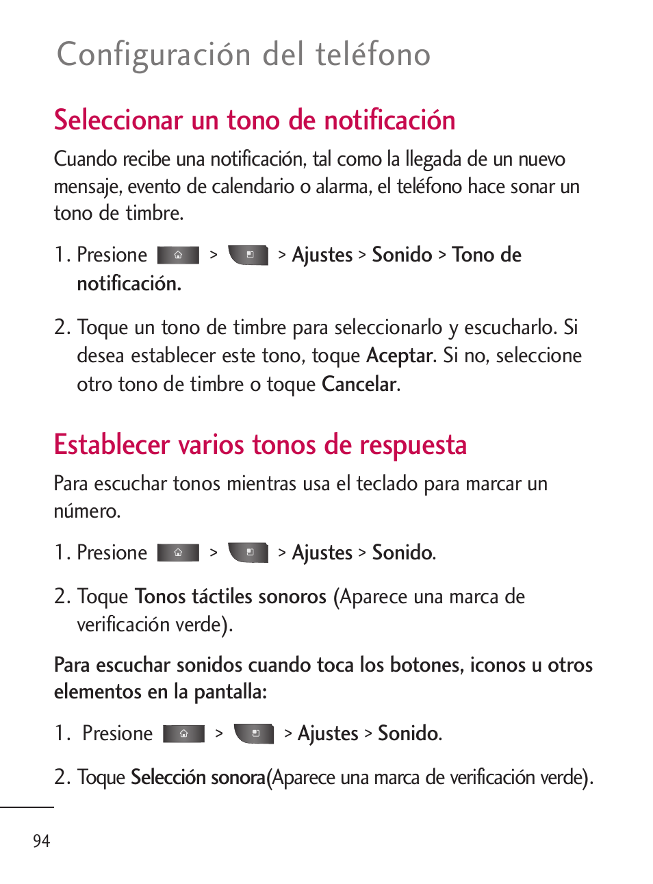 Configuración del teléfono, Seleccionar un tono de notificación, Establecer varios tonos de respuesta | LG LGL45C User Manual | Page 352 / 546