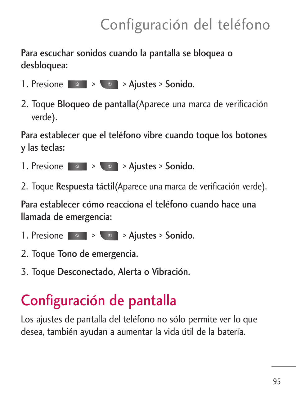 Configuración de pantalla, Configuración de pantalla, Configuración del teléfono | LG LGL45C User Manual | Page 353 / 546