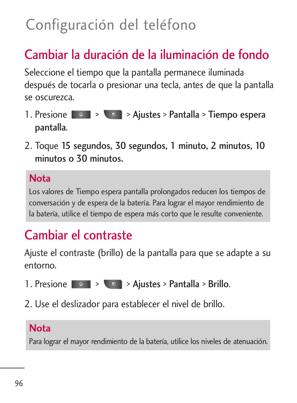 Configuración del teléfono, Cambiar la duración de la iluminación de fondo, Cambiar el contraste | LG LGL45C User Manual | Page 354 / 546