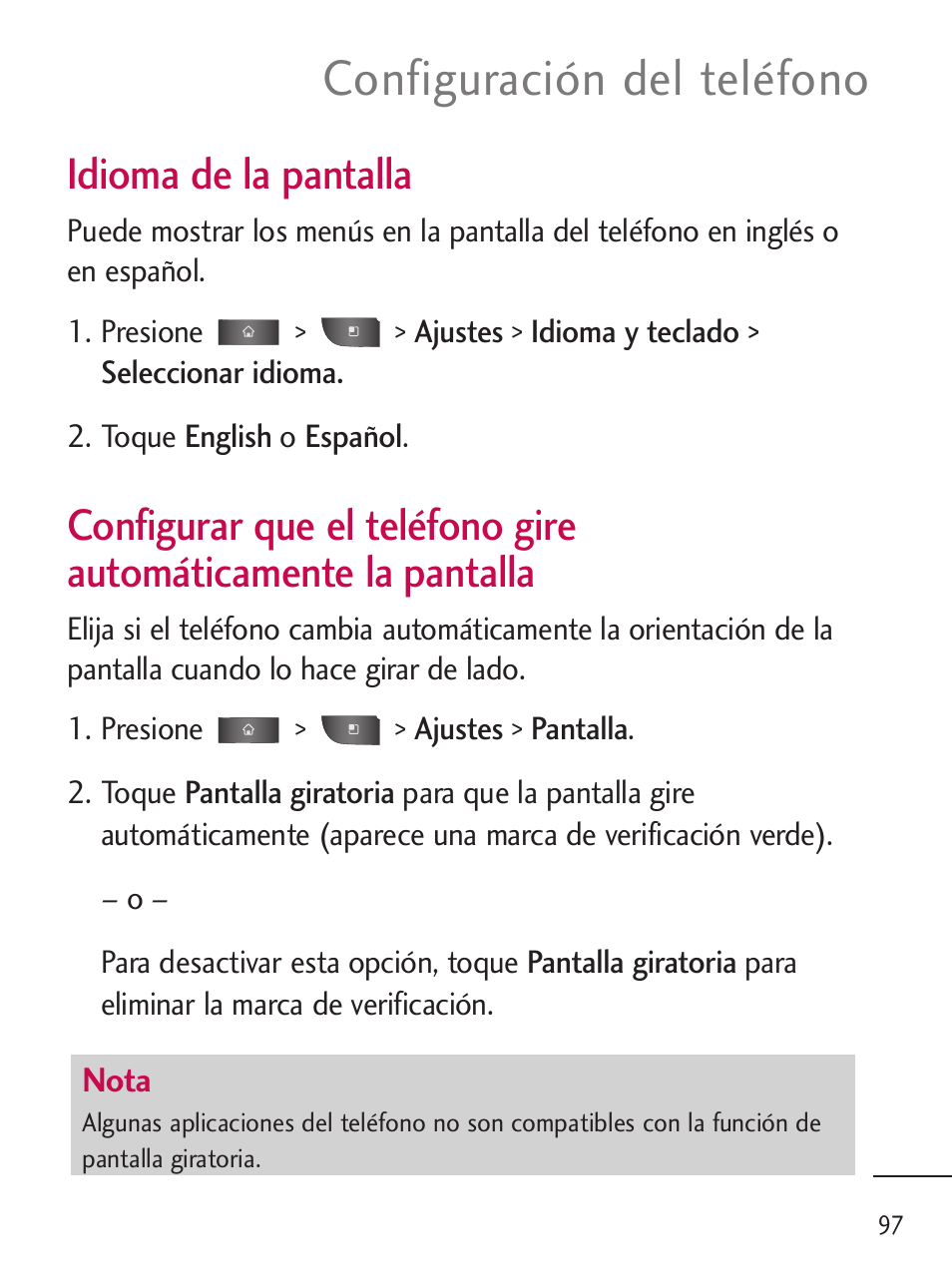 Configuración del teléfono, Idioma de la pantalla | LG LGL45C User Manual | Page 355 / 546