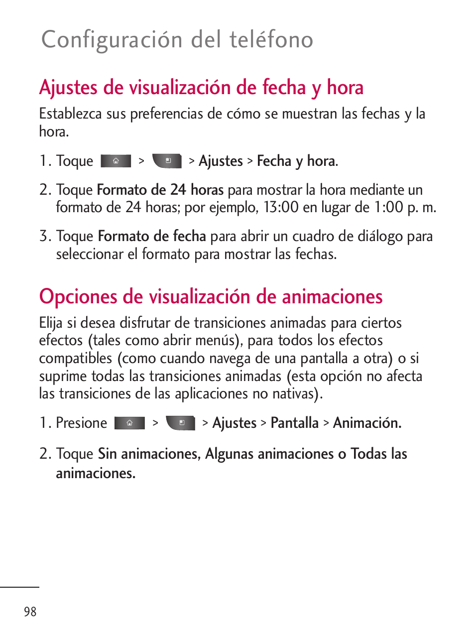 Configuración del teléfono, Ajustes de visualización de fecha y hora, Opciones de visualización de animaciones | LG LGL45C User Manual | Page 356 / 546