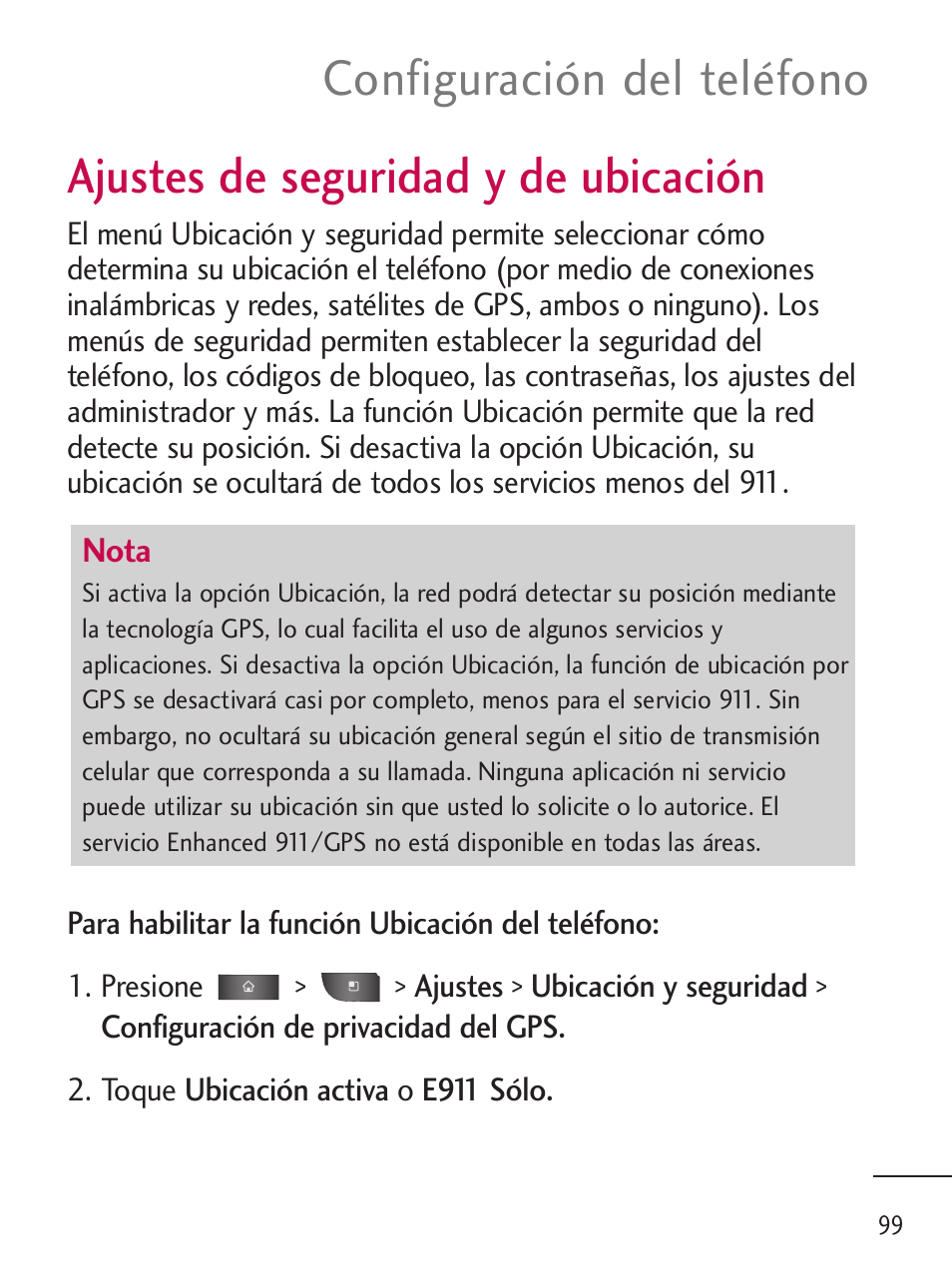 Ajustes de seguridad y de u, Ajustes de seguridad y de ubicación, Configuración del teléfono | LG LGL45C User Manual | Page 357 / 546