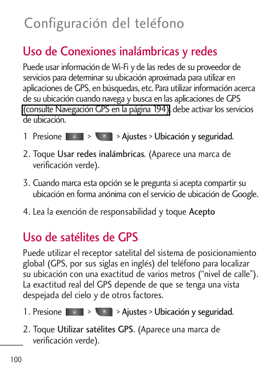 Configuración del teléfono, Uso de conexiones inalámbricas y redes, Uso de satélites de gps | LG LGL45C User Manual | Page 358 / 546