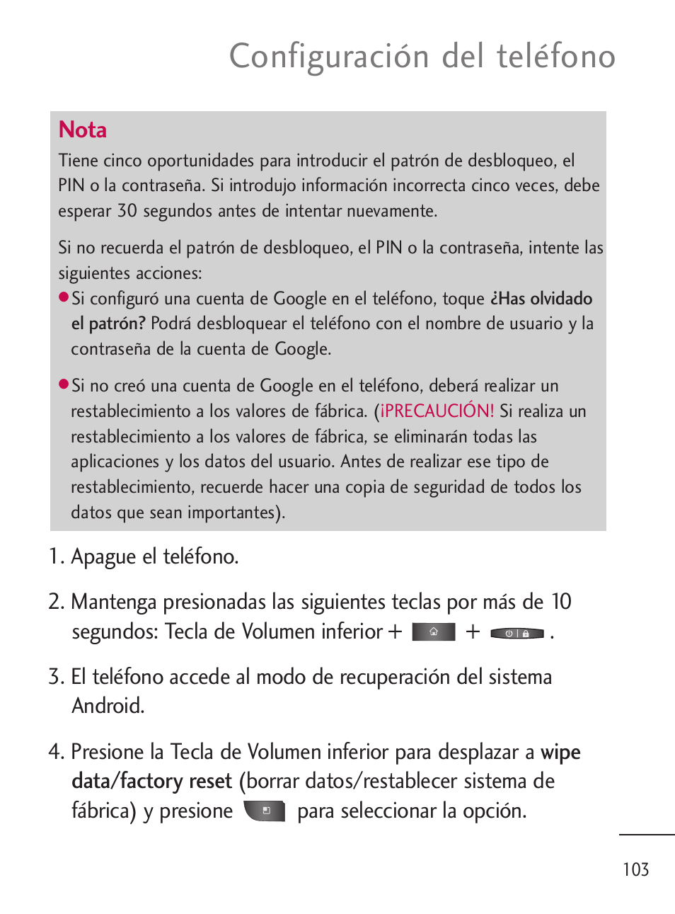 Configuración del teléfono, Nota | LG LGL45C User Manual | Page 361 / 546