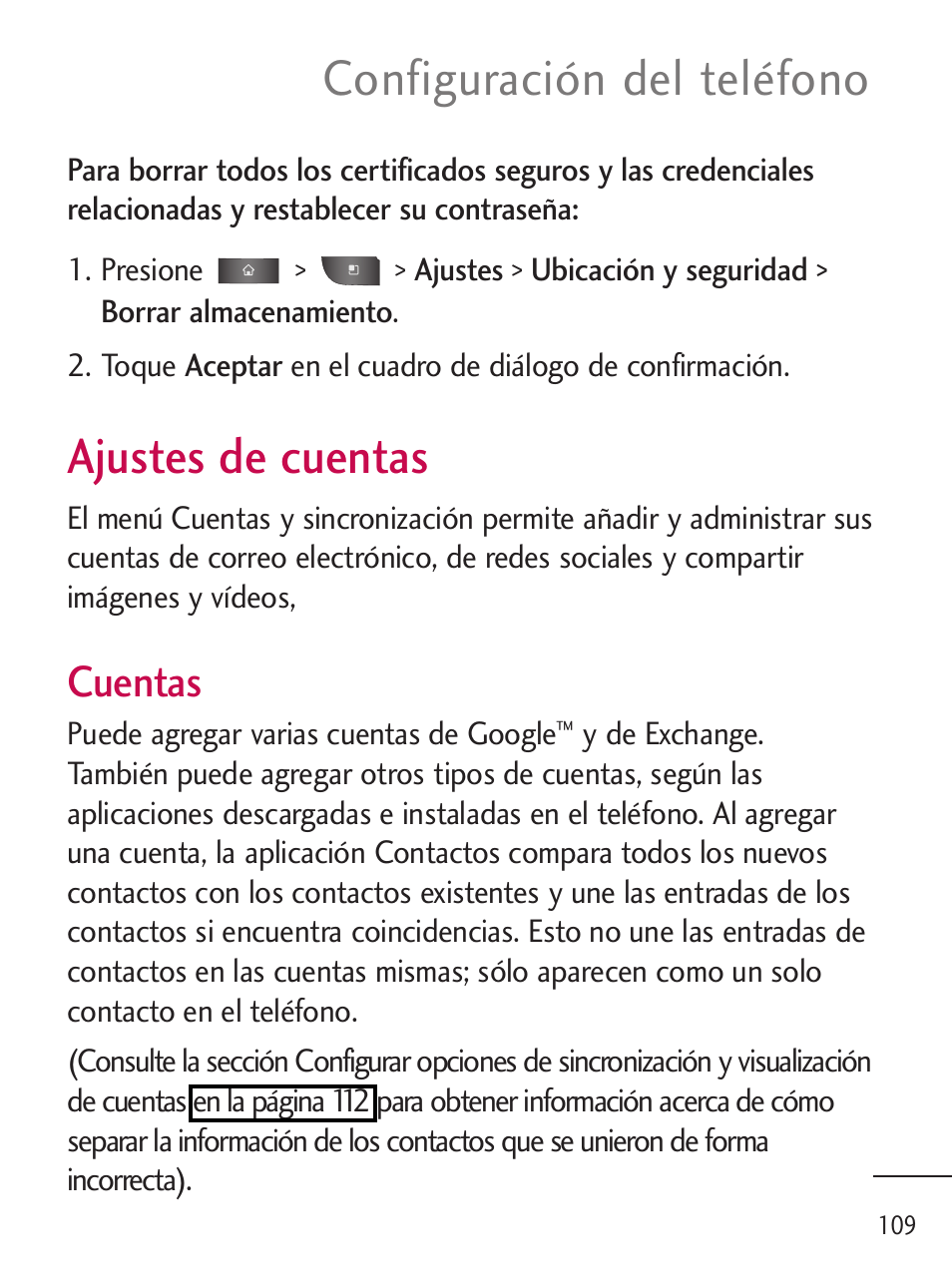 Ajustes de cuentas, Configuración del teléfono, Cuentas | LG LGL45C User Manual | Page 367 / 546