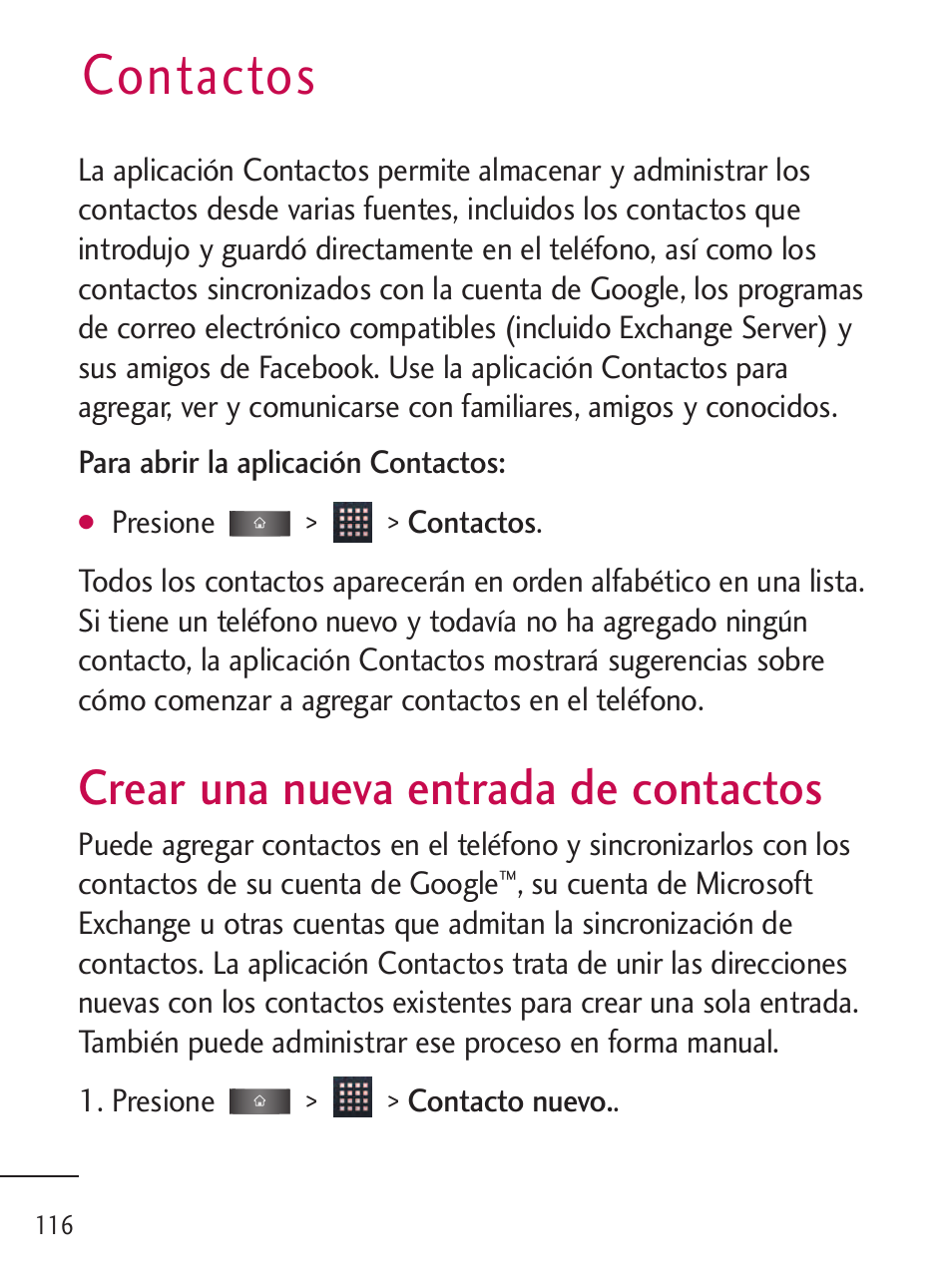 Contactos, Crear una nueva entrada de, Crear una nueva entrada de contactos | LG LGL45C User Manual | Page 374 / 546