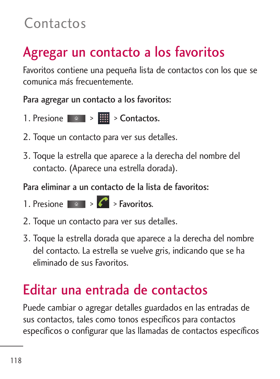 Agregar un contacto a los fa, Editar una entrada de contactos, Agregar un contacto a los favoritos | Contactos | LG LGL45C User Manual | Page 376 / 546