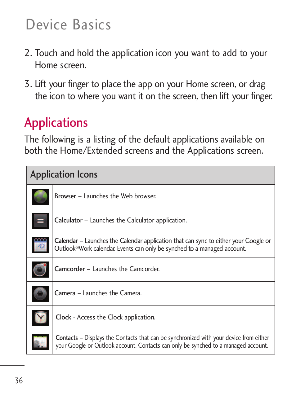 Device basics, Applications, Application icons | LG LGL45C User Manual | Page 38 / 546