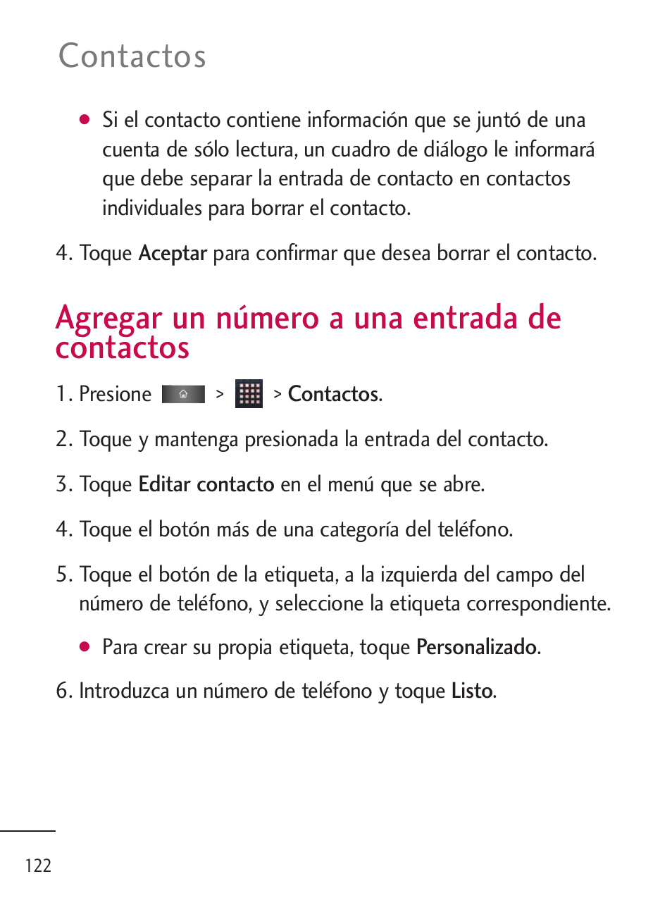 Agregar un número a una entr, Agregar un número a una entrada de contactos, Contactos | LG LGL45C User Manual | Page 380 / 546