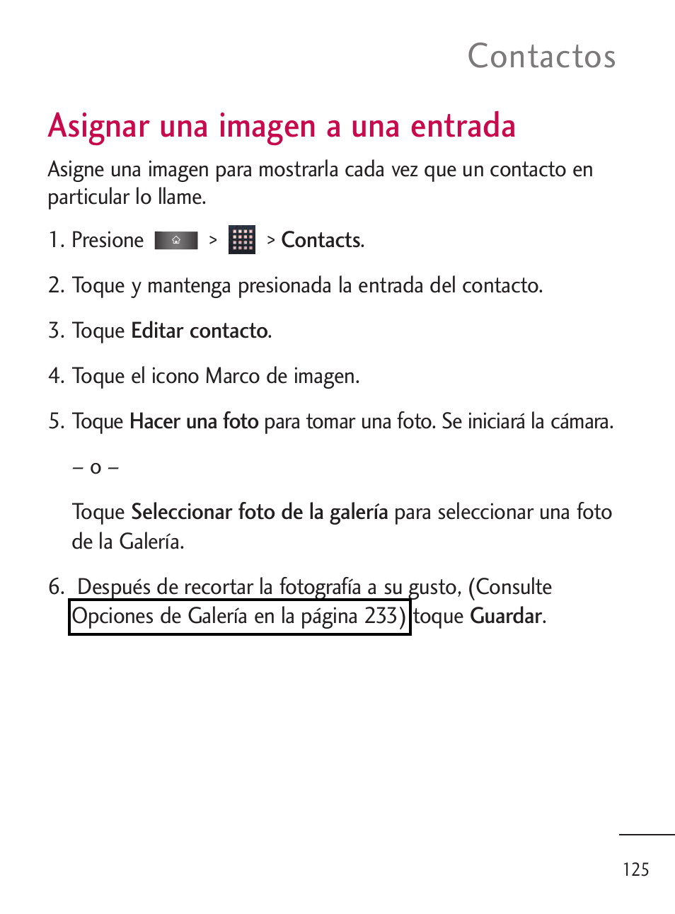 Asignar una imagen a una ent, Asignar una imagen a una entrada, Contactos | LG LGL45C User Manual | Page 383 / 546