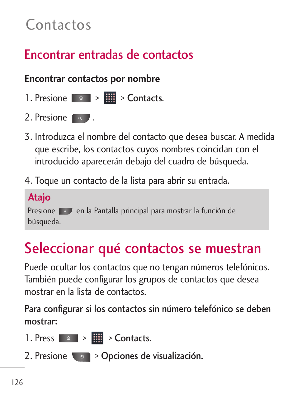 Seleccionar qué contactos s, Seleccionar qué contactos se muestran 126, Seleccionar qué contactos se muestran | Contactos, Encontrar entradas de contactos | LG LGL45C User Manual | Page 384 / 546