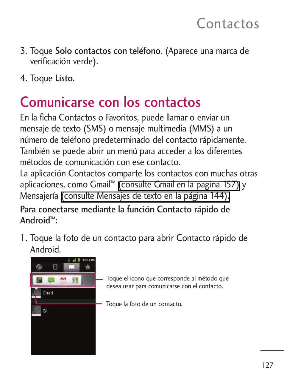 Comunicarse con los contactos, Contactos | LG LGL45C User Manual | Page 385 / 546