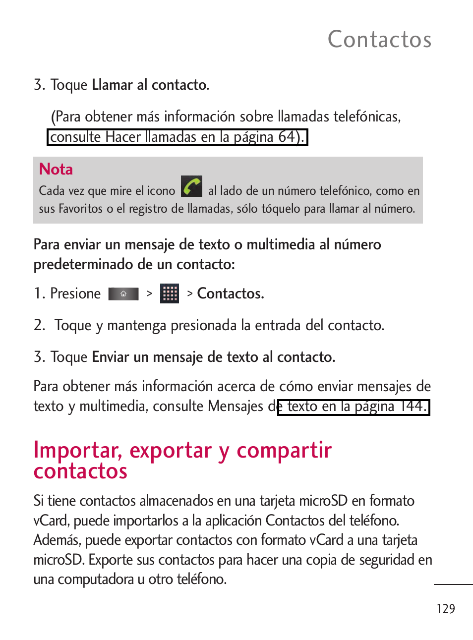 Importar, exportar y compart, Importar, exportar y compartir contactos, Contactos | LG LGL45C User Manual | Page 387 / 546