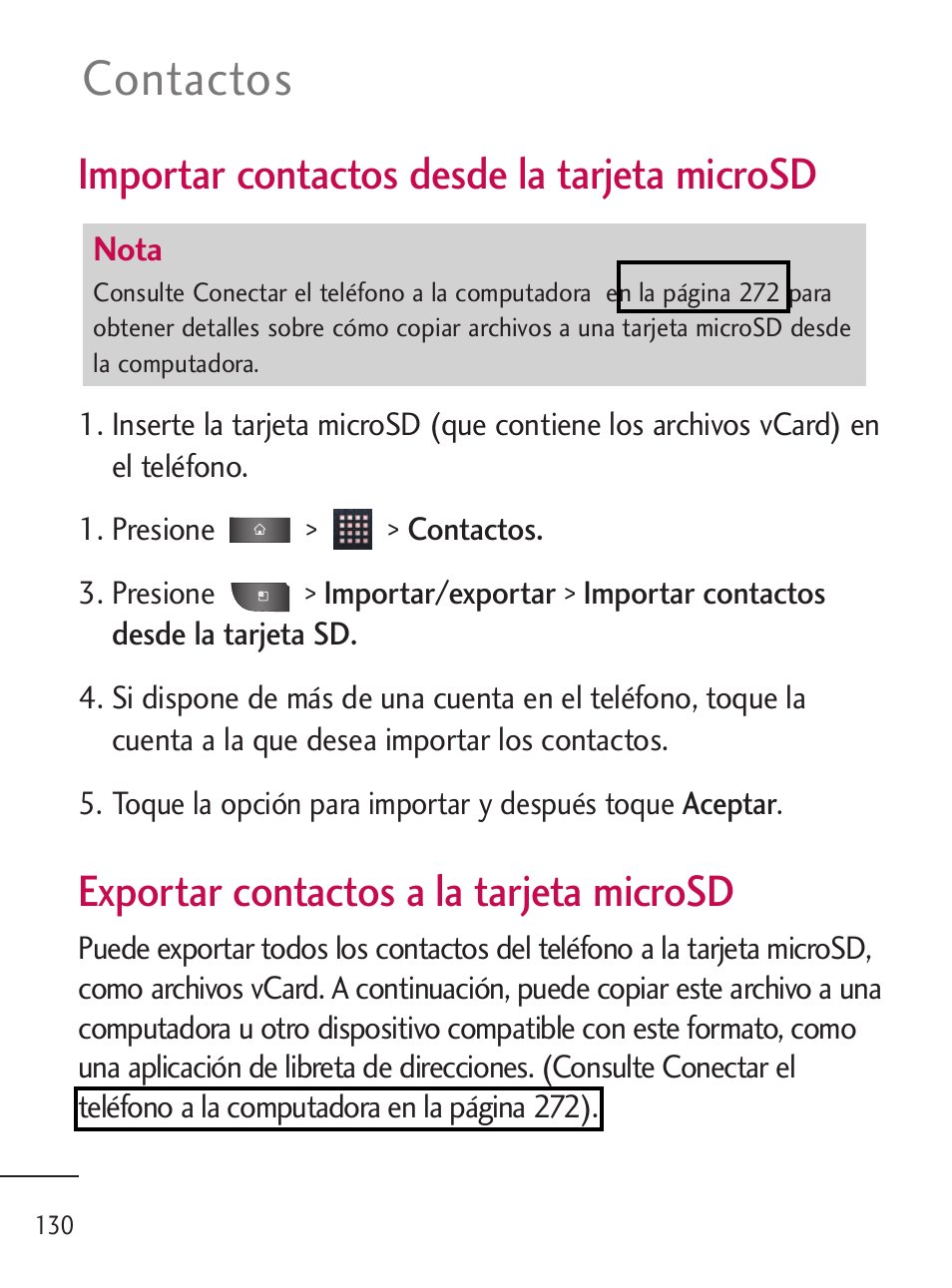 Contactos, Importar contactos desde la tarjeta microsd, Exportar contactos a la tarjeta microsd | LG LGL45C User Manual | Page 388 / 546