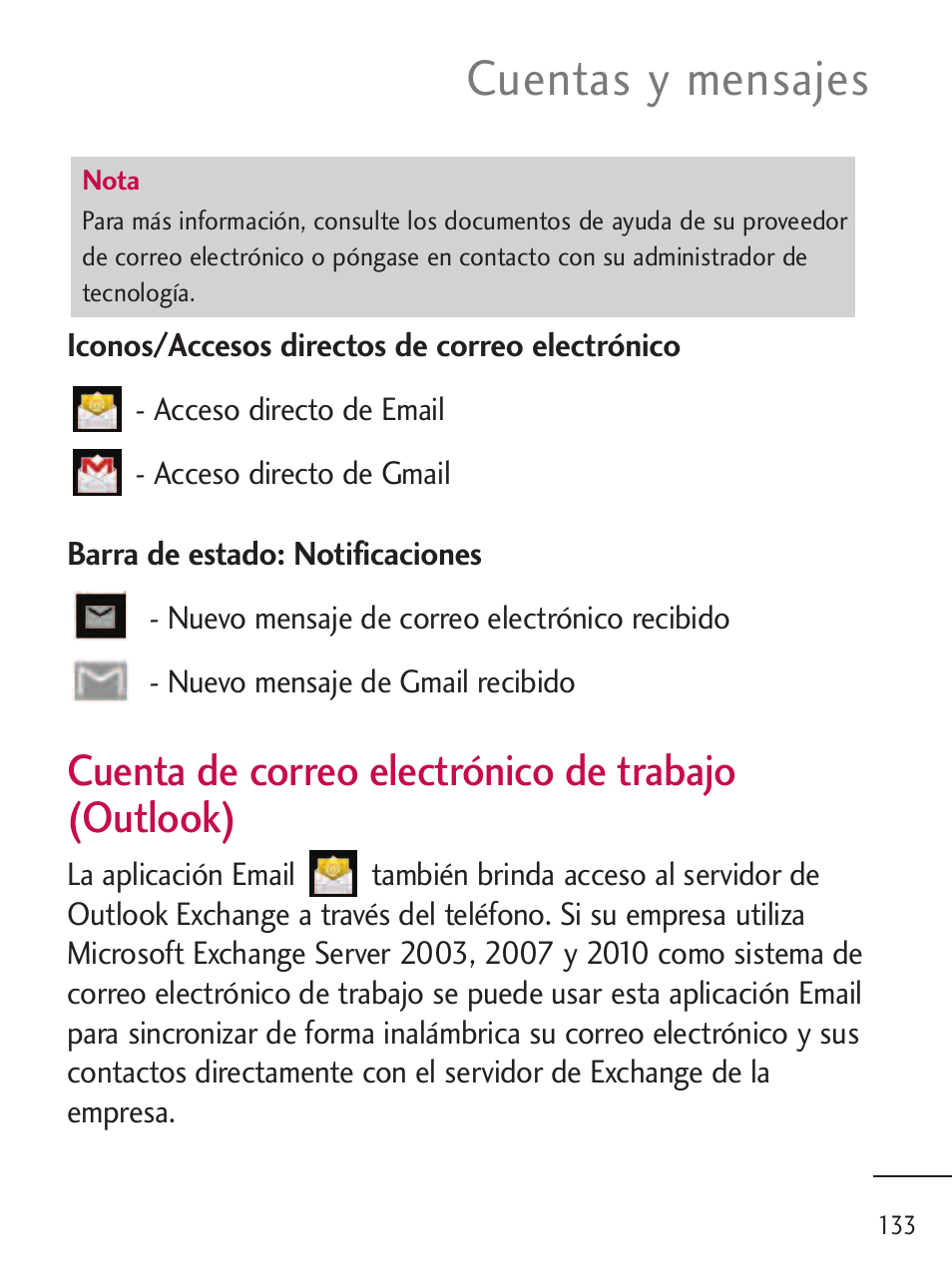 Cuentas y mensajes, Cuenta de correo electrónico de trabajo (outlook) | LG LGL45C User Manual | Page 391 / 546