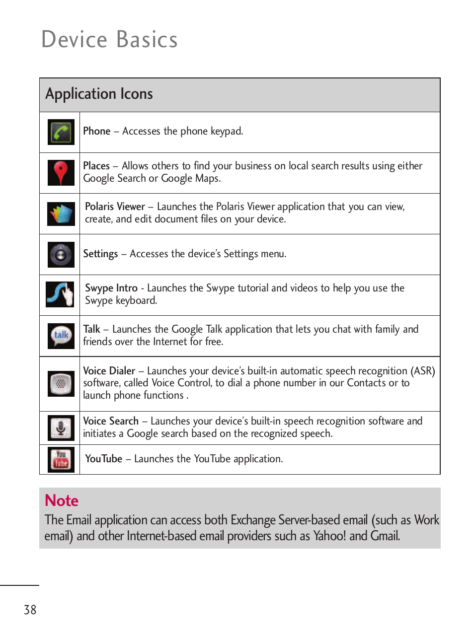 Device basics, Application icons | LG LGL45C User Manual | Page 40 / 546