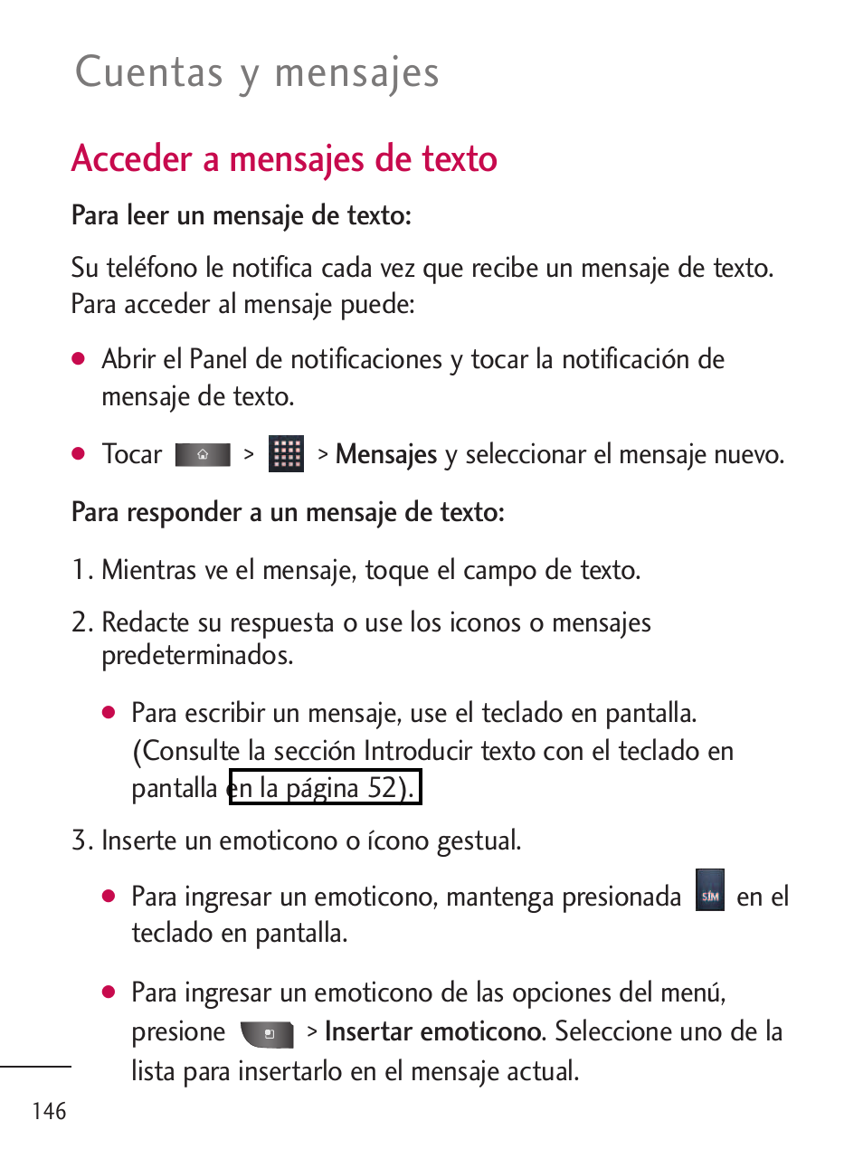 Cuentas y mensajes, Acceder a mensajes de texto | LG LGL45C User Manual | Page 404 / 546
