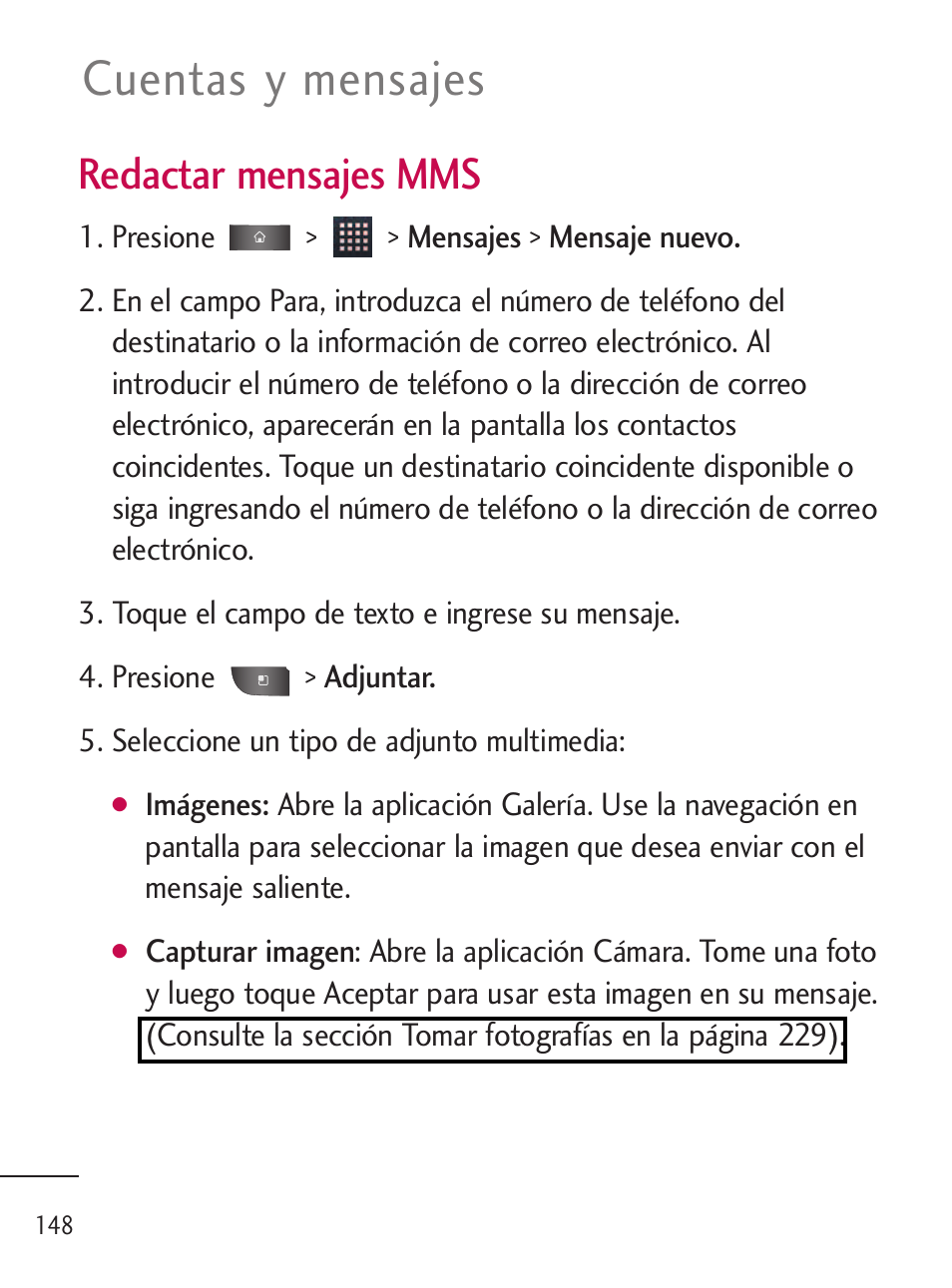 Cuentas y mensajes, Redactar mensajes mms | LG LGL45C User Manual | Page 406 / 546