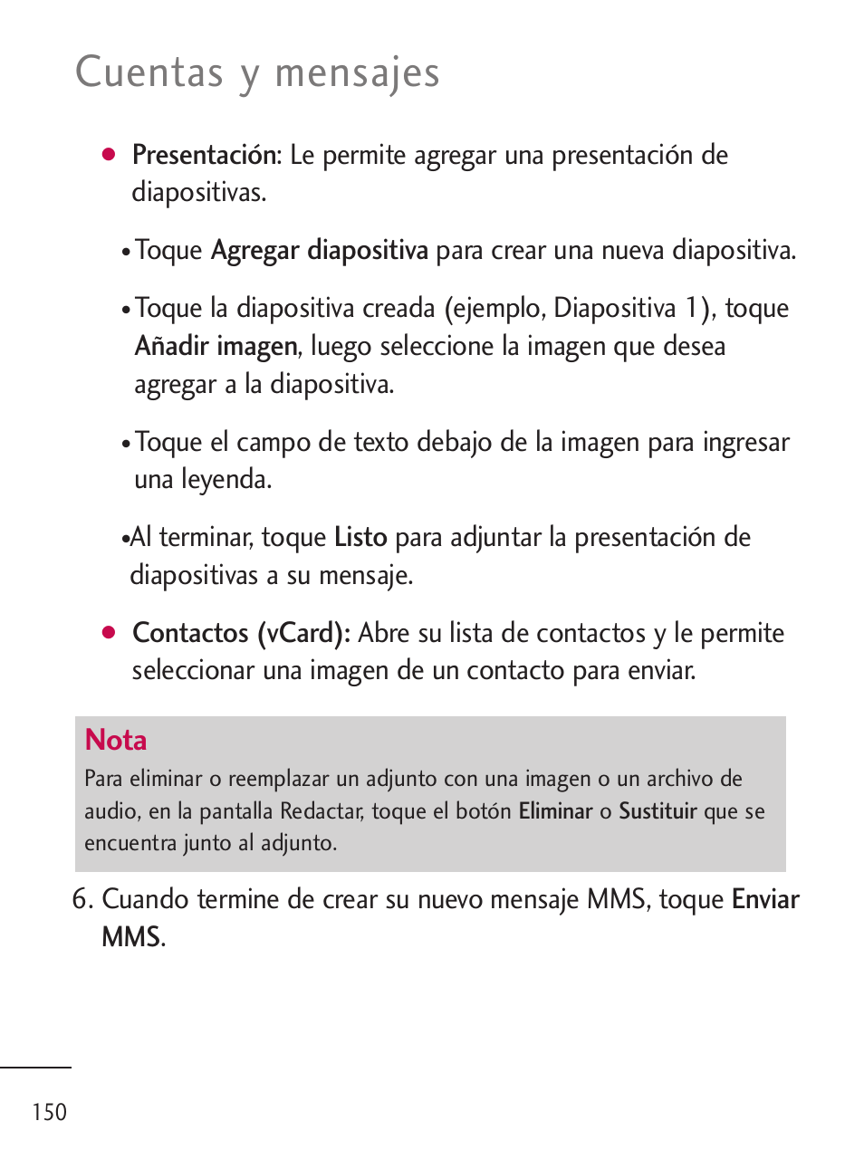 Cuentas y mensajes, Nota | LG LGL45C User Manual | Page 408 / 546