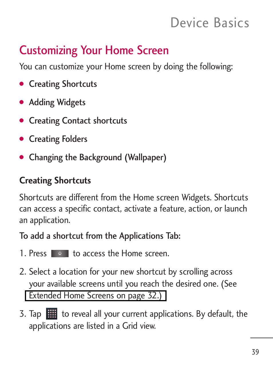 Device basics, Customizing your home screen | LG LGL45C User Manual | Page 41 / 546