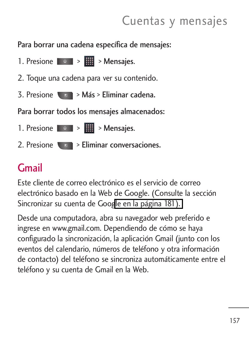 Cuentas y mensajes, Gmail | LG LGL45C User Manual | Page 415 / 546