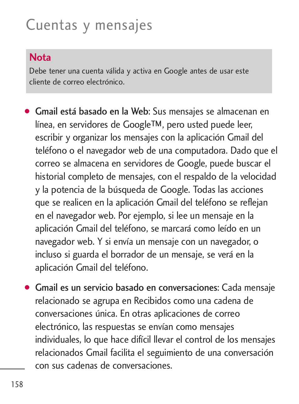 Cuentas y mensajes, Nota | LG LGL45C User Manual | Page 416 / 546