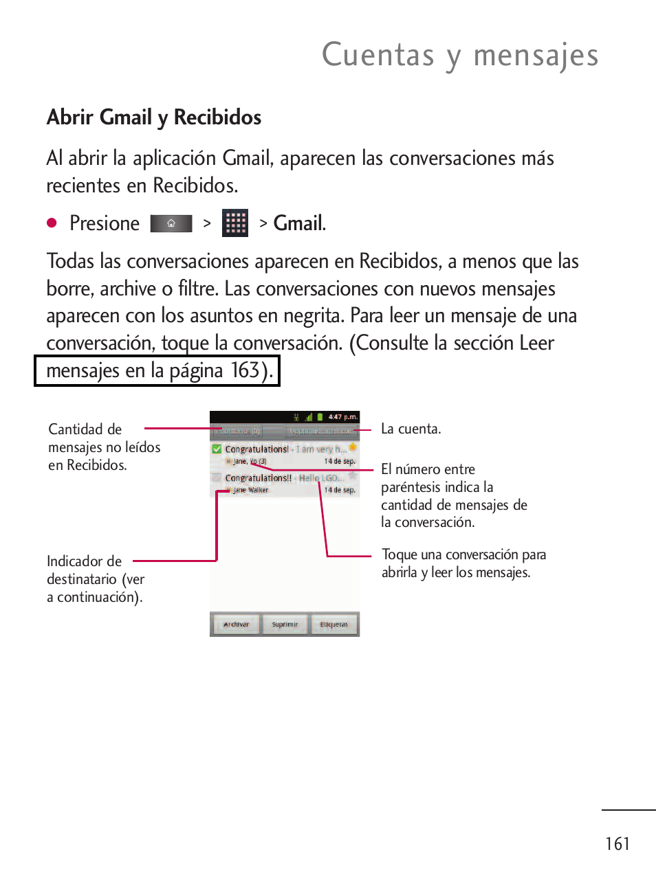 Cuentas y mensajes | LG LGL45C User Manual | Page 419 / 546