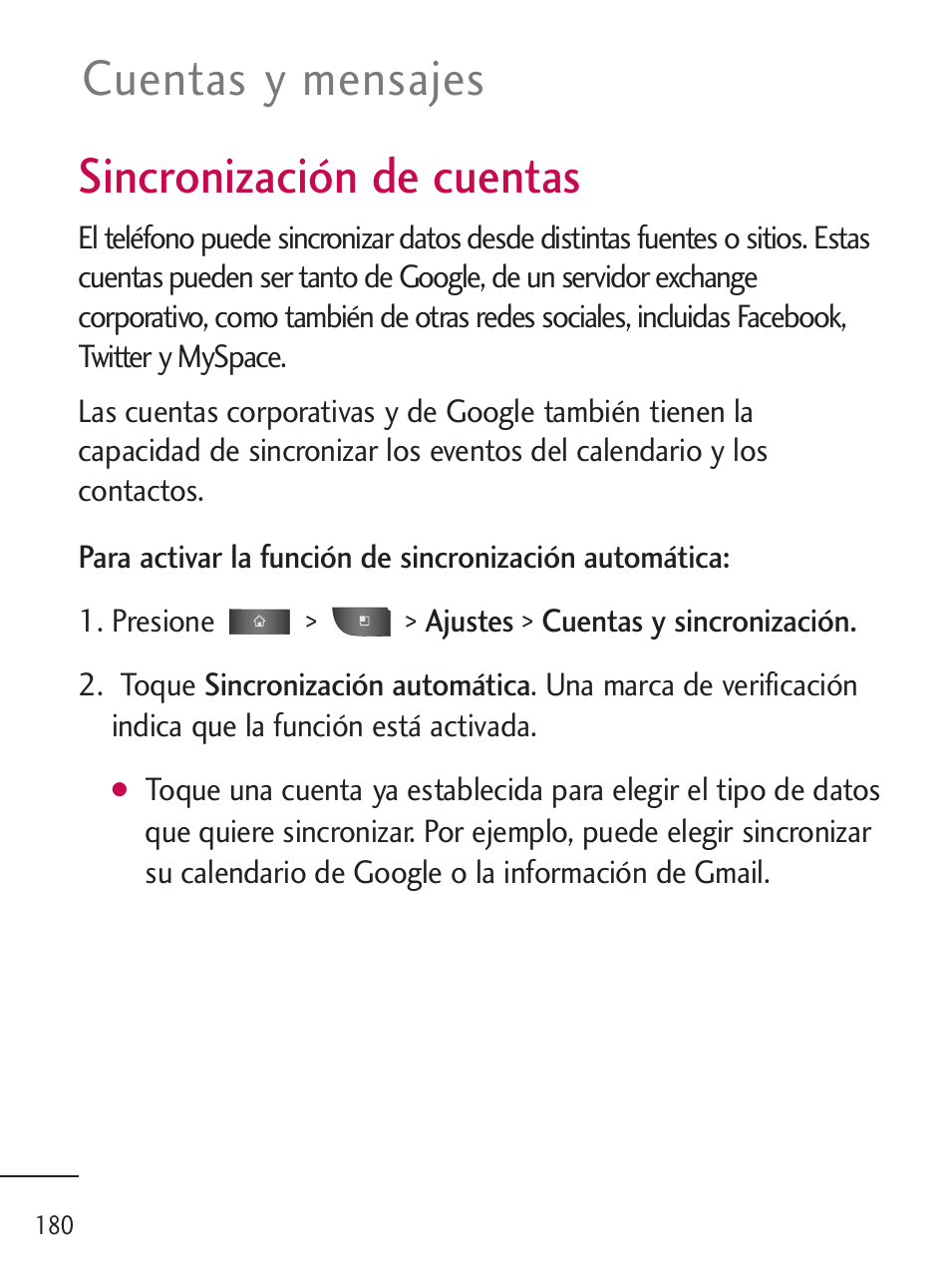 Sincronización de cuentas, Sincronización de cuentas, Cuentas y mensajes | LG LGL45C User Manual | Page 438 / 546