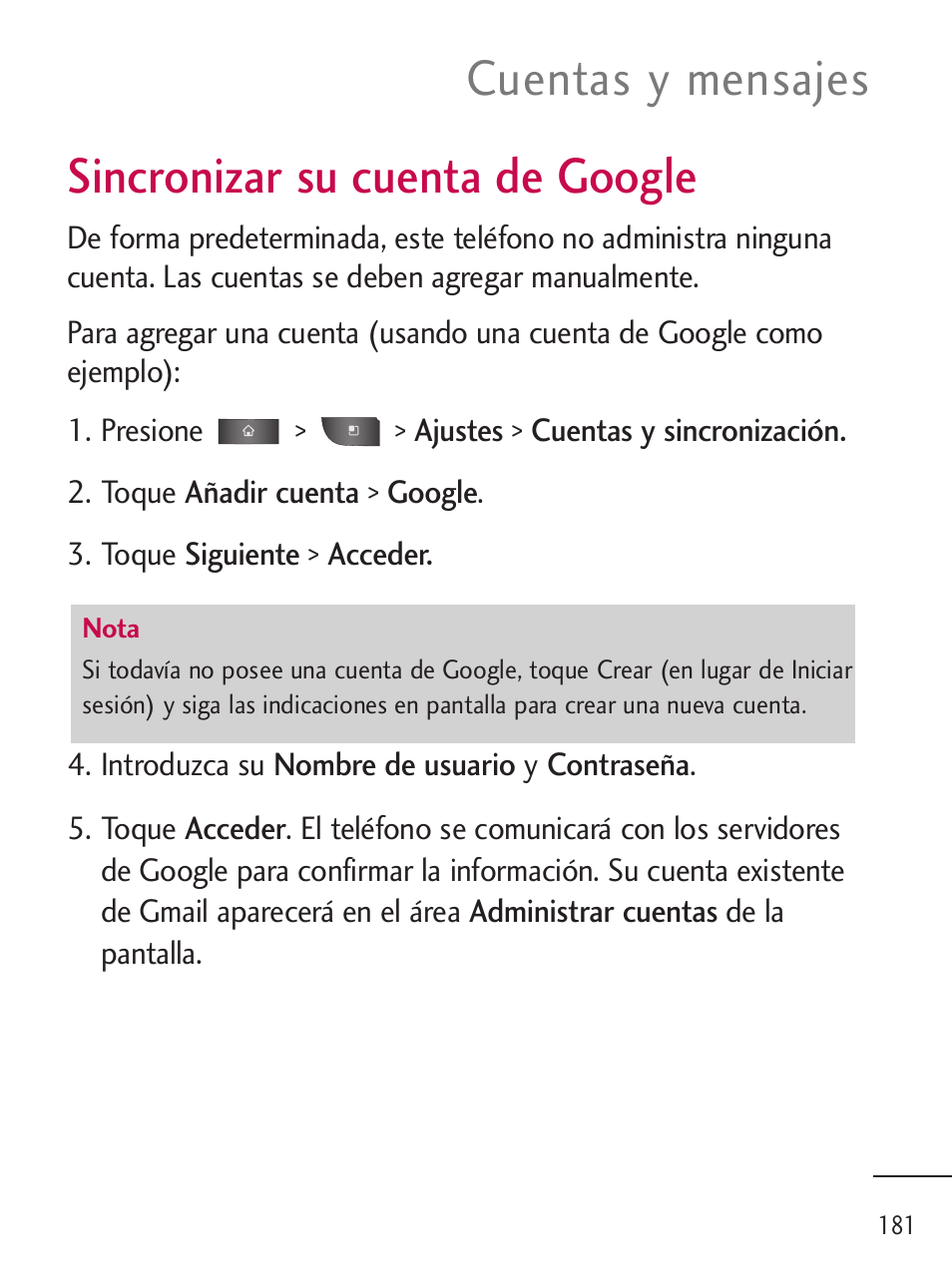 Sincronizar su cuenta de google, Cuentas y mensajes | LG LGL45C User Manual | Page 439 / 546