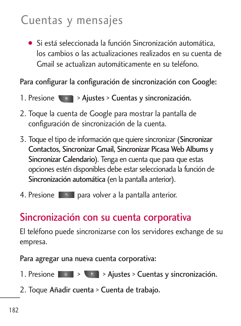 Cuentas y mensajes, Sincronización con su cuenta corporativa | LG LGL45C User Manual | Page 440 / 546