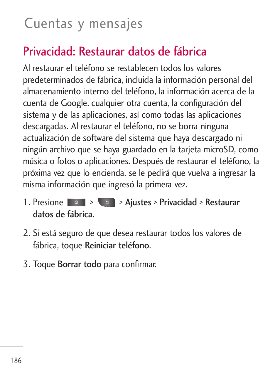 Cuentas y mensajes, Privacidad: restaurar datos de fábrica | LG LGL45C User Manual | Page 444 / 546