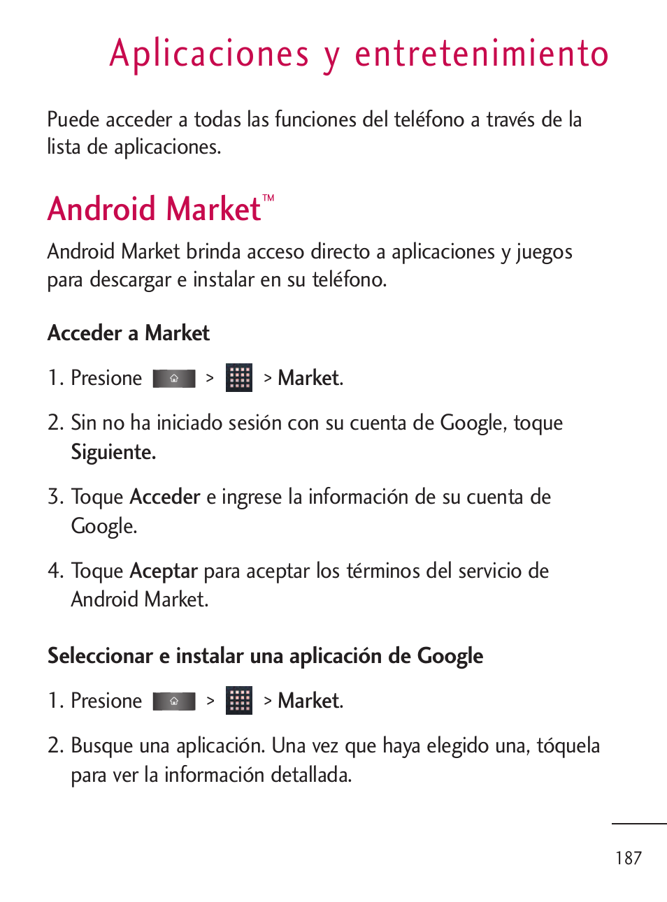 Aplicaciones y entretenimiento, Android market | LG LGL45C User Manual | Page 445 / 546