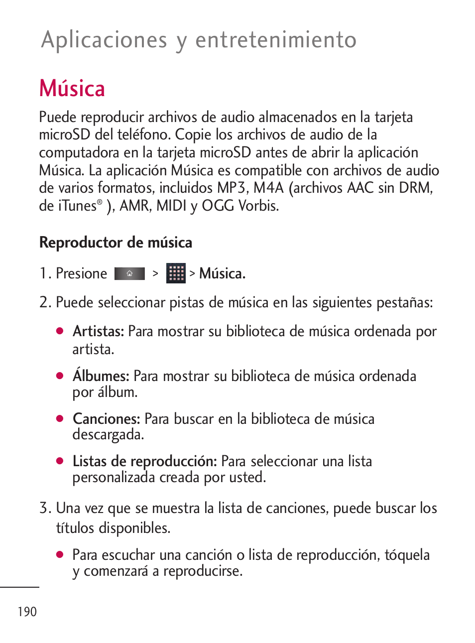 Música, Aplicaciones y entretenimiento | LG LGL45C User Manual | Page 448 / 546