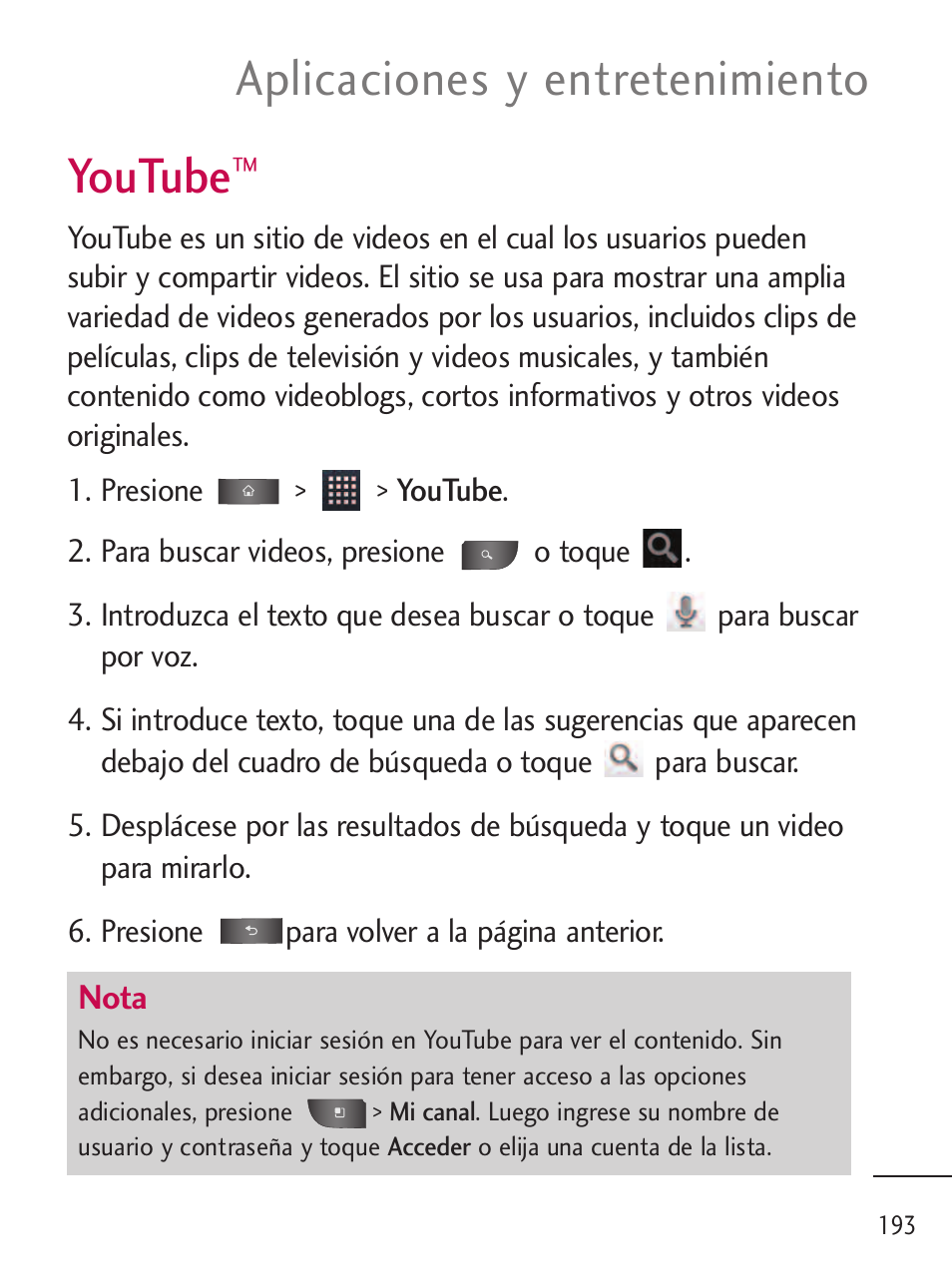 Youtube, Aplicaciones y entretenimiento | LG LGL45C User Manual | Page 451 / 546