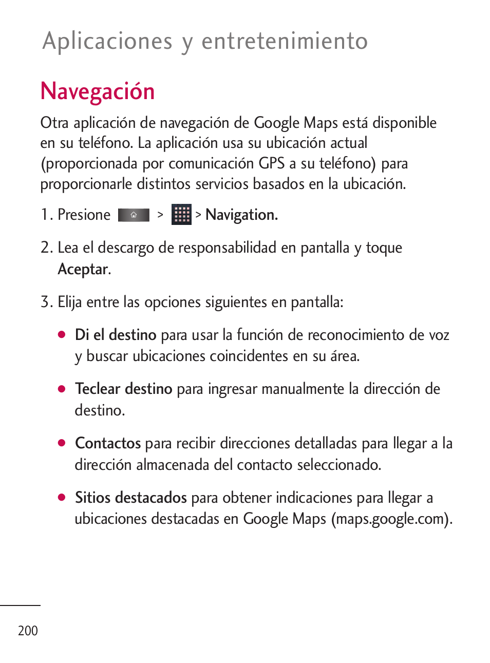 Navegacióna, Navegación, Aplicaciones y entretenimiento | LG LGL45C User Manual | Page 458 / 546