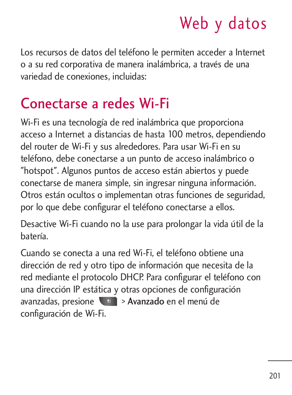 Web y datos, Conectarse a redes wi-fi, Conectarse a redes wi-fi | LG LGL45C User Manual | Page 459 / 546