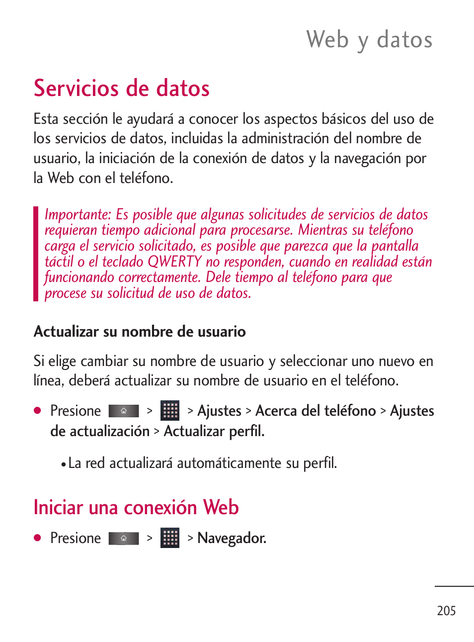 Servicios de datos, Web y datos, Iniciar una conexión web | LG LGL45C User Manual | Page 463 / 546