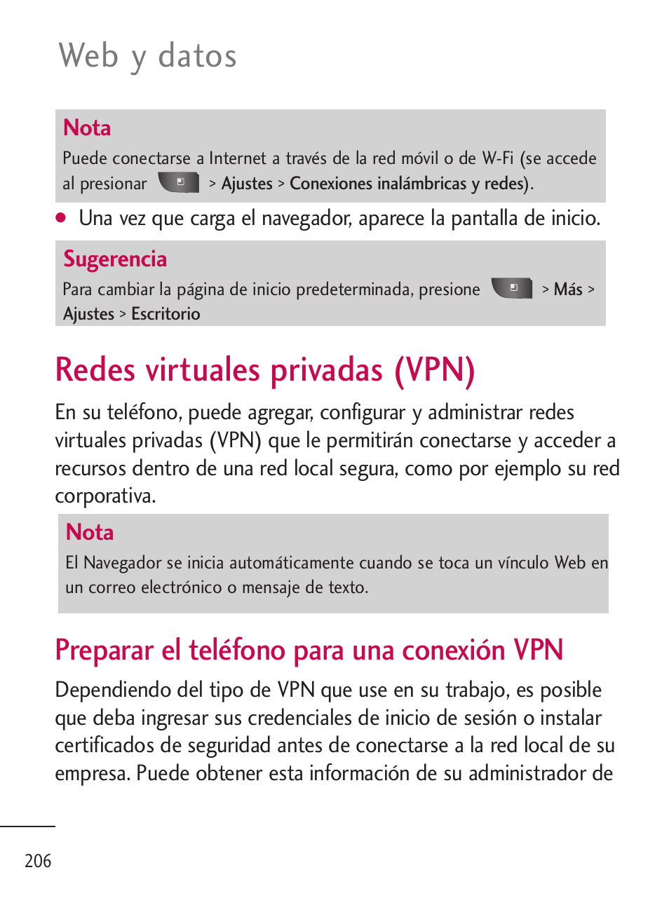 Redes virtuales privadas (vpn), Web y datos, Preparar el teléfono para una conexión vpn | LG LGL45C User Manual | Page 464 / 546