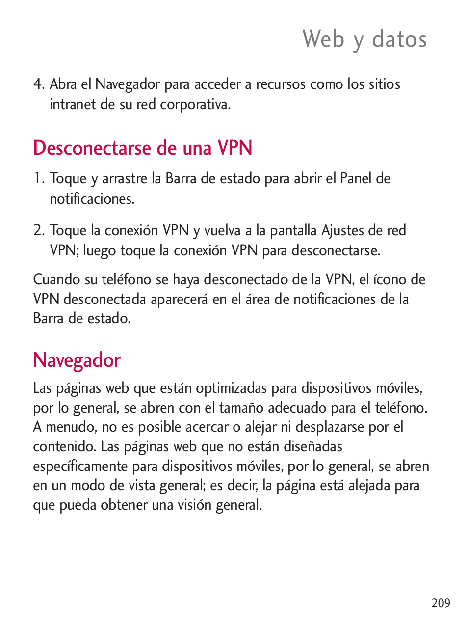 Web y datos, Desconectarse de una vpn, Navegador | LG LGL45C User Manual | Page 467 / 546