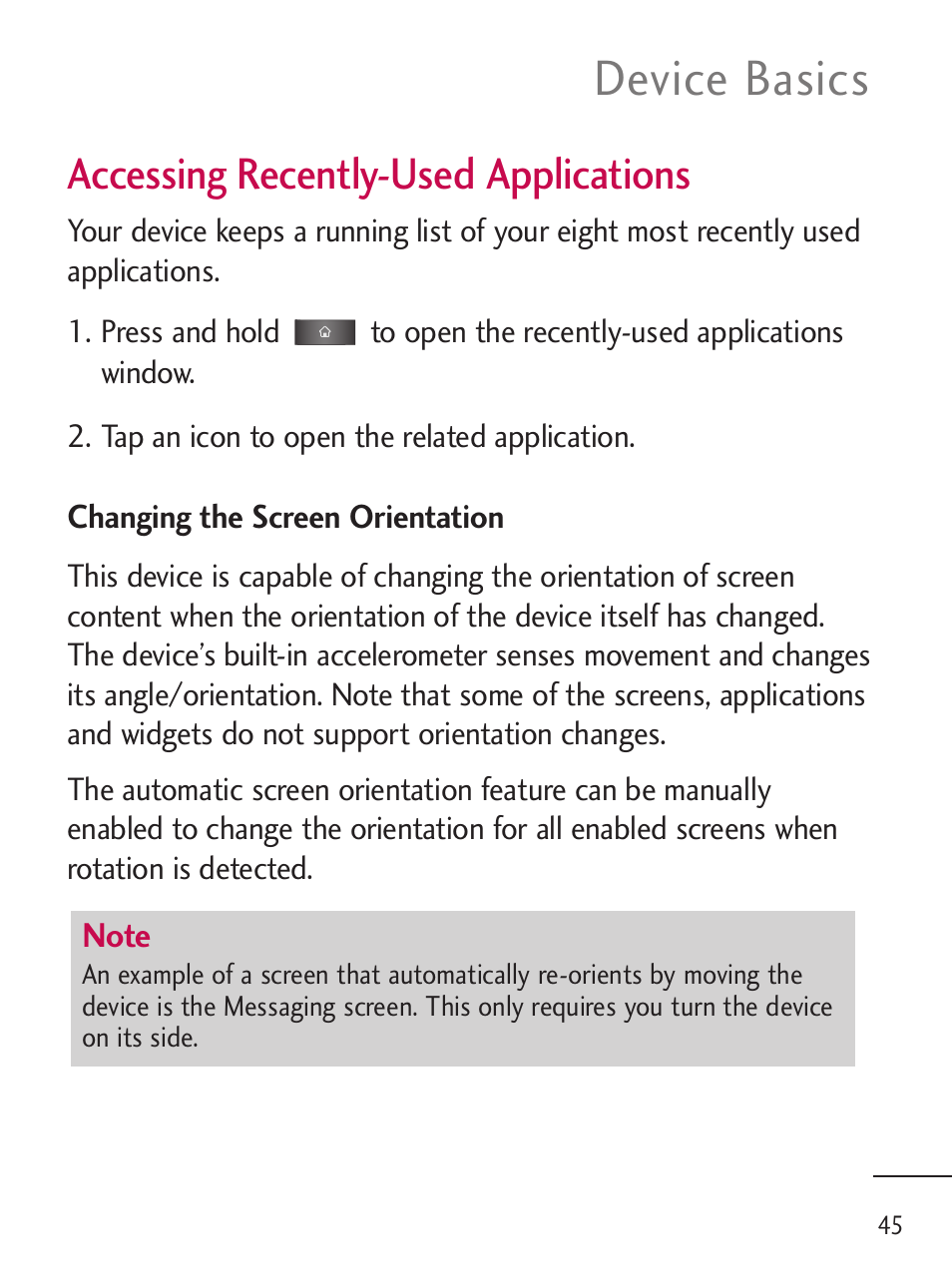 Device basics, Accessing recently-used applications | LG LGL45C User Manual | Page 47 / 546