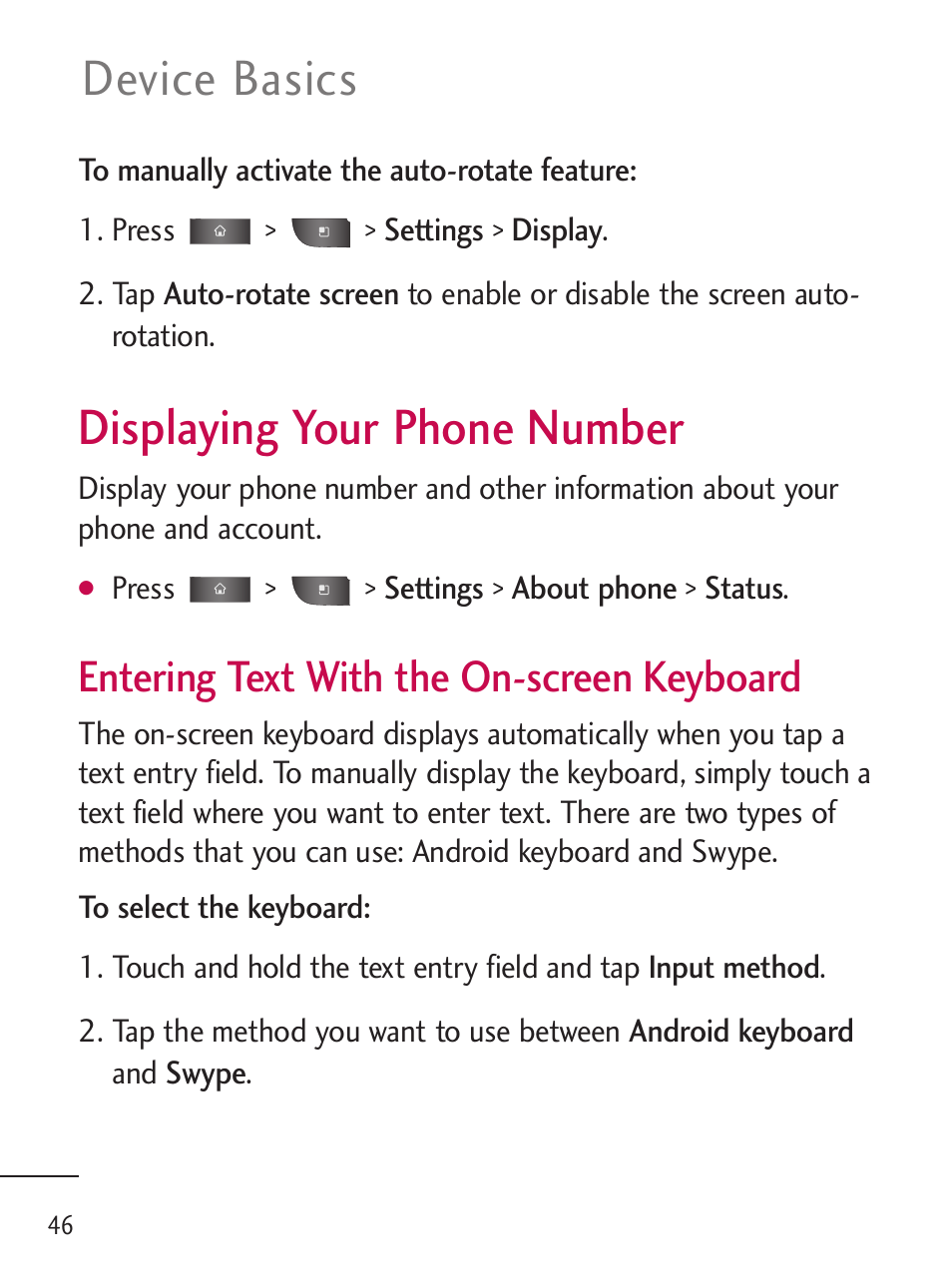 Displaying your phone number, Device basics, Entering text with the on-screen keyboard | LG LGL45C User Manual | Page 48 / 546