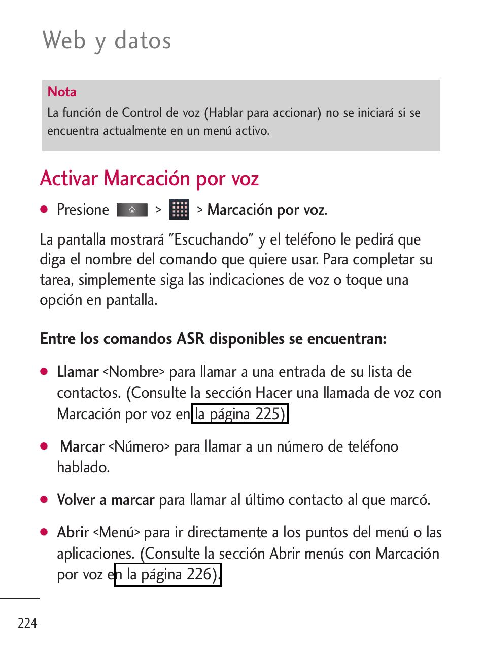 Web y datos, Activar marcación por voz, Entre los comandos asr disponibles se encuentran | LG LGL45C User Manual | Page 482 / 546