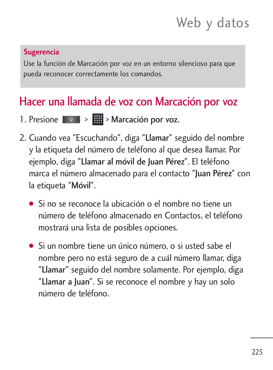 Web y datos, Hacer una llamada de voz con marcación por voz | LG LGL45C User Manual | Page 483 / 546